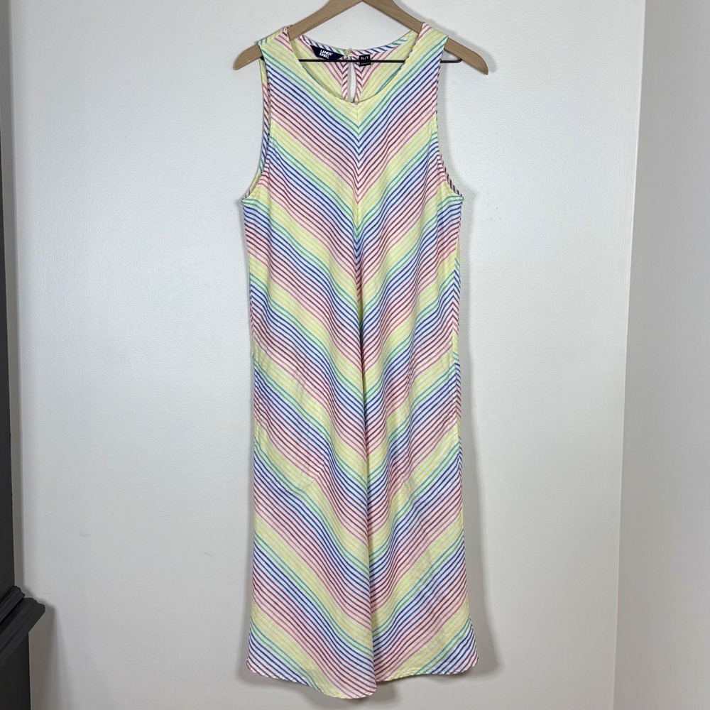 Lands End 100% Linen Rainbow Stripe Dress XL/T 18 Sleeveless Summer Coastal